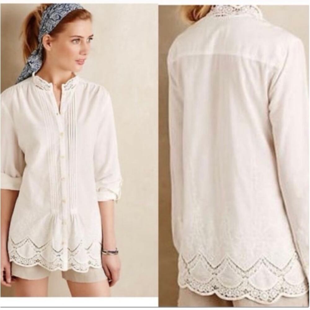 Anthropologie Isabella Sinclair White Embroidered Lace Blouse Button Up Boho M - Picture 2 of 11